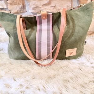 Olive Green Canvas Tote with light Pink Stripe and Leather Handles-farmhouse